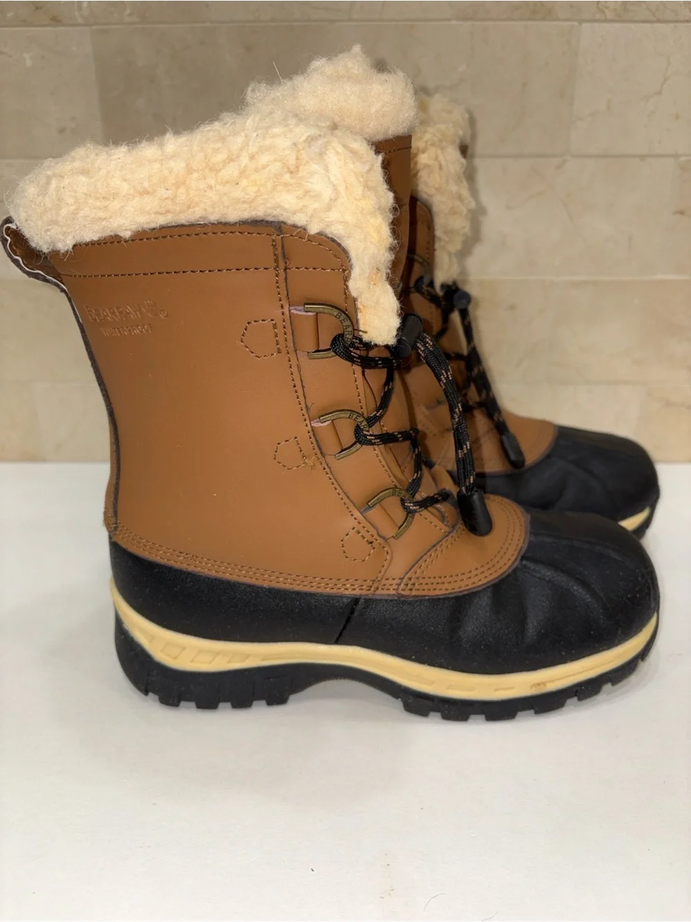 BearPaw Tan and Black Insulated Winter Boots, Shearling Collar